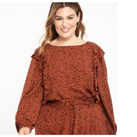 Eloquii Womens Blouse Plus Size 28 Graphic Dot Print Ruffles Puff Sleeves Brown - Picture 2 of 9